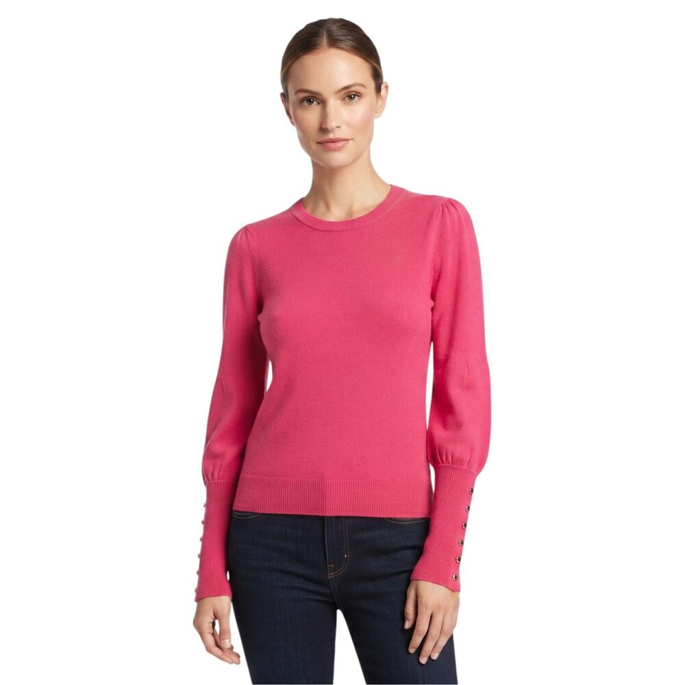 Tahari Cashmere Rose Pink Puff Sleeve Blend Sweater Gold Buttons
